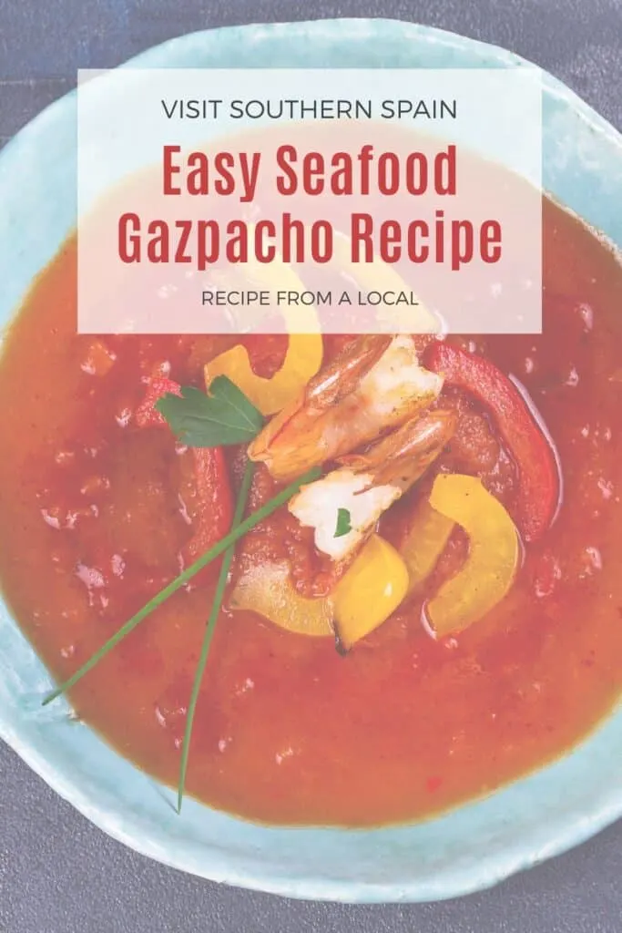 a pin with a closeup of a seafood gazpacho.