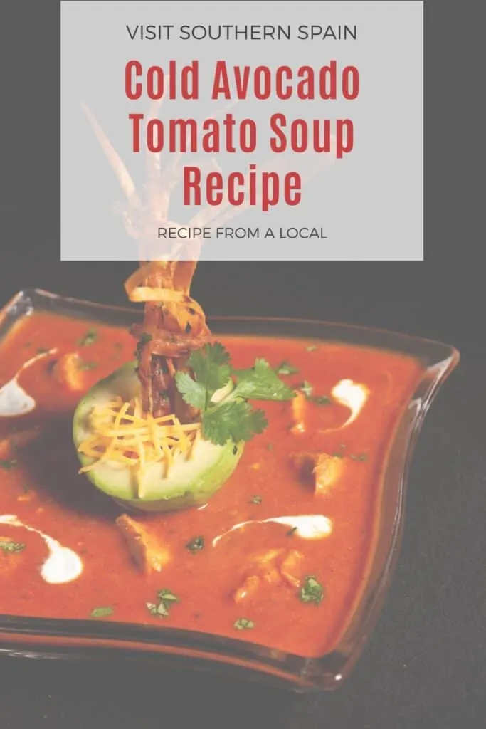 a pin with an avocado tomato soup decorated with avocado.