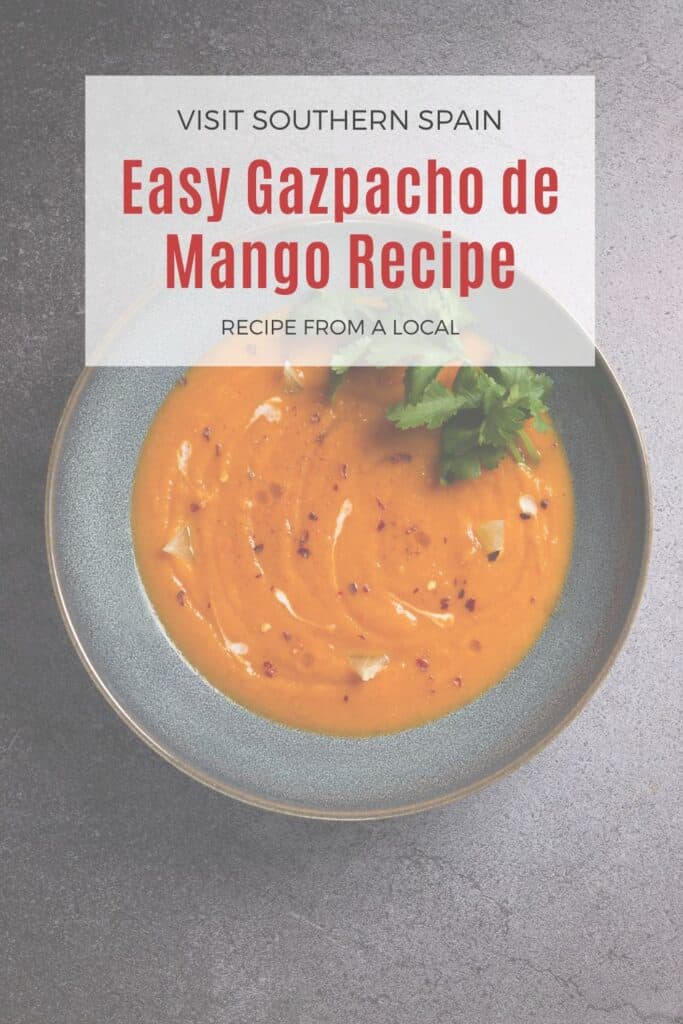 a pin with a bowl of gazpacho de mango.