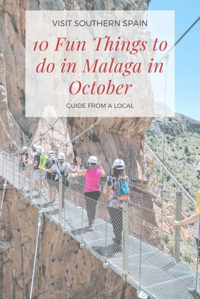 a pin with people hiking the Camino del Rey, one of the best things to do in Malaga in October.