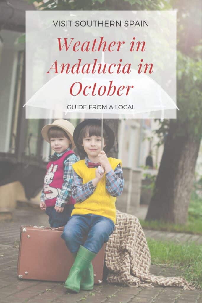 a pin with 2 kids sitting under an umbrella. weather in Andalucia in October