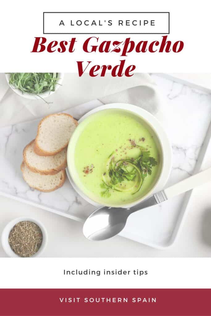 a pin with a bowl of gazpacho verde served with toast. 