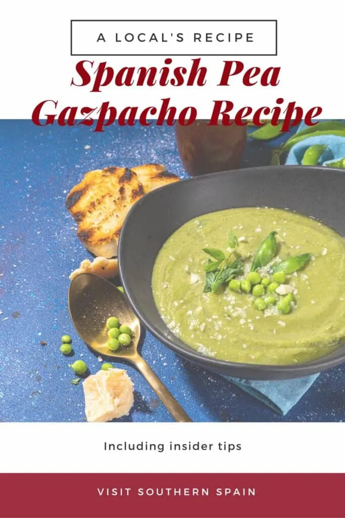 a pin with a black bowl of pea gazpacho.