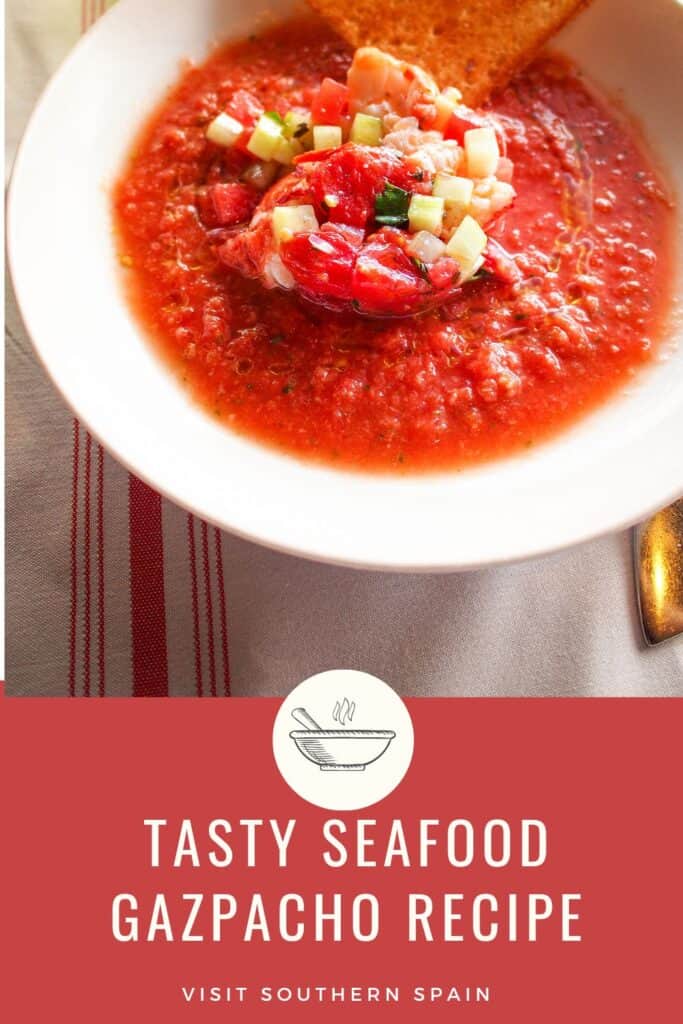 a pin with a bowl of seafood gazpacho.