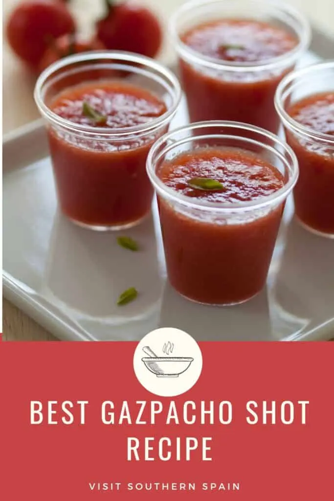 a pin with gazpacho shot served in small glasses.