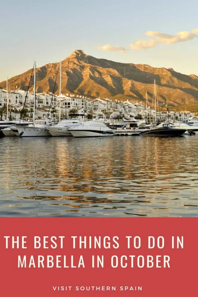 a pin with a port in Marbella seen from the water, things to do in Marbella in October