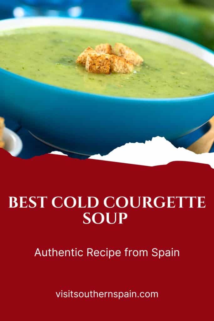 a pin with cold courgette soup in a blue bolw.