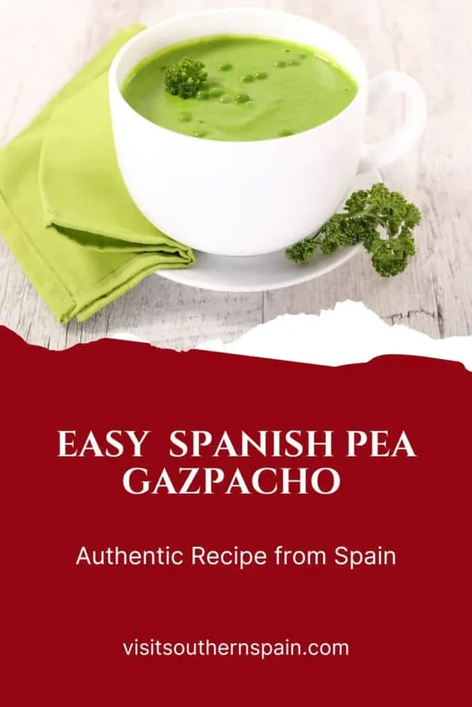 a pin with a white bowl of pea gazpacho.