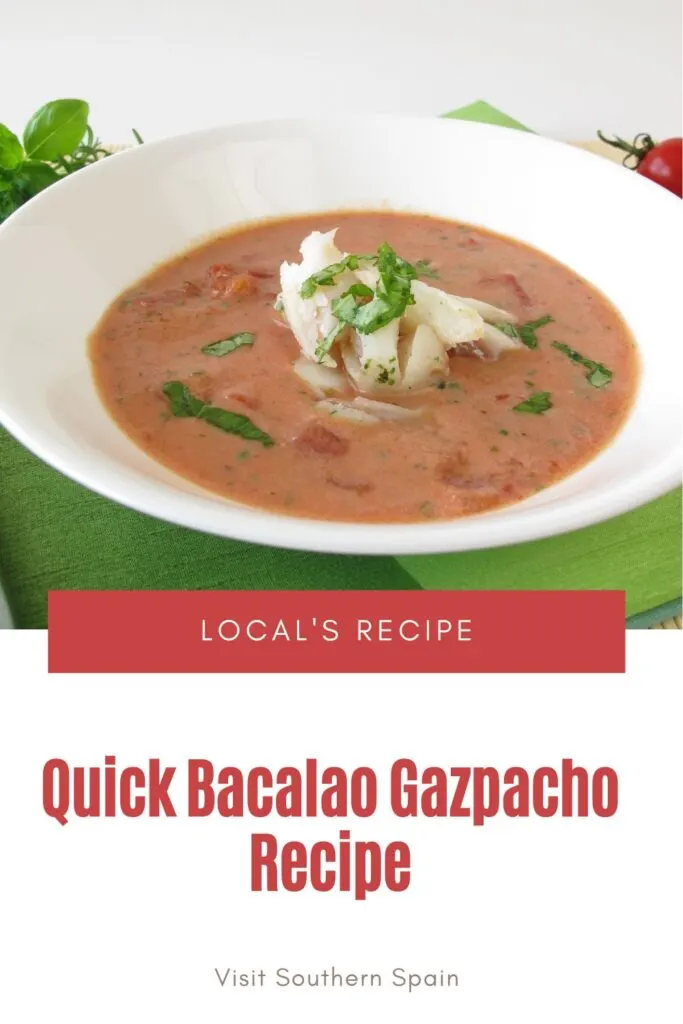 a pin with bacalao gazpacho in a bowl decorated with cod fish. 