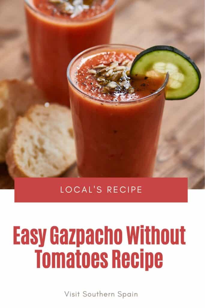 a pin with 2 glasses of gazpacho without tomatoes decorated with cucumber.