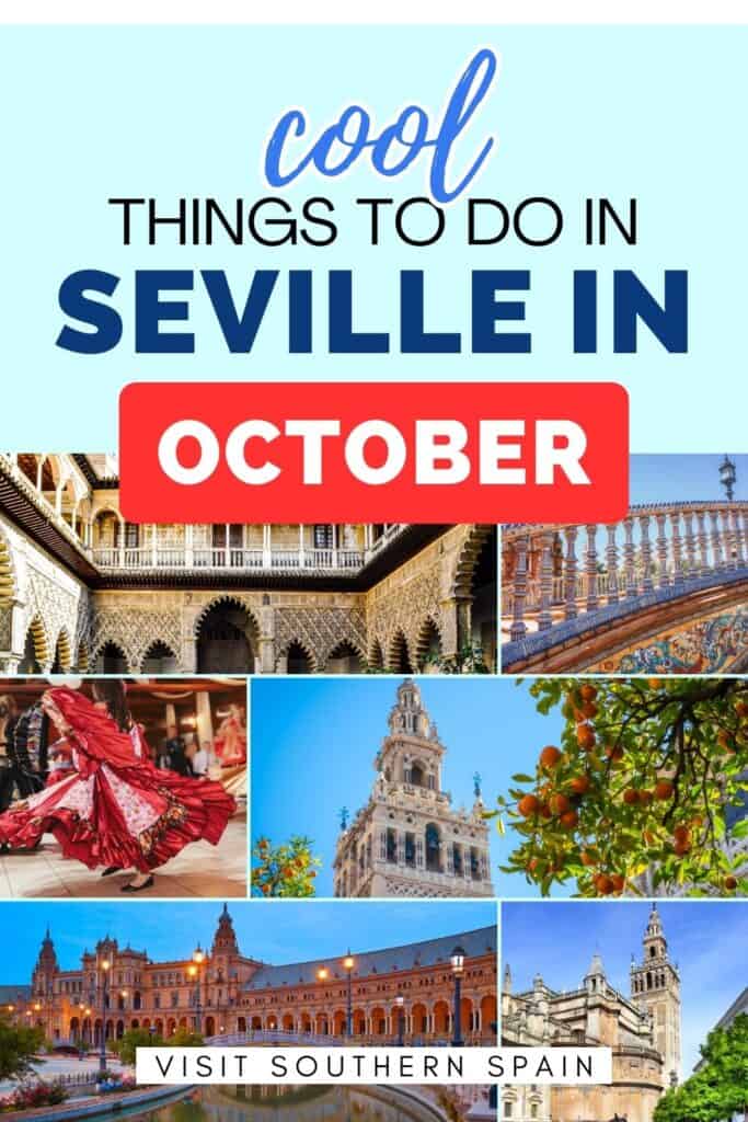 A collage of photos in Seville. It has different buildings. One photo shows tree with oranges.