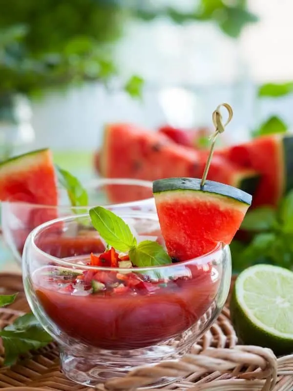 gazpacho without tomatoes in a glass bowl decorated with watermelon - Best Gazpacho Without Tomatoes Recipe