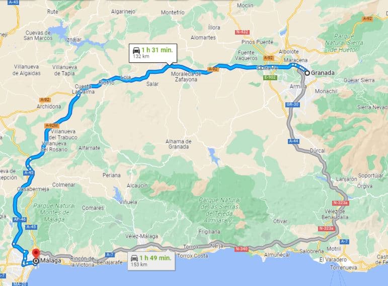 map with the distance from Granada to Malaga