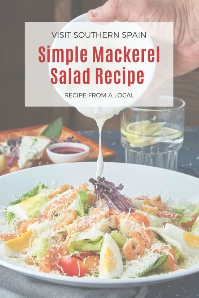 a pin with a mackerel salad recipe with dressing.