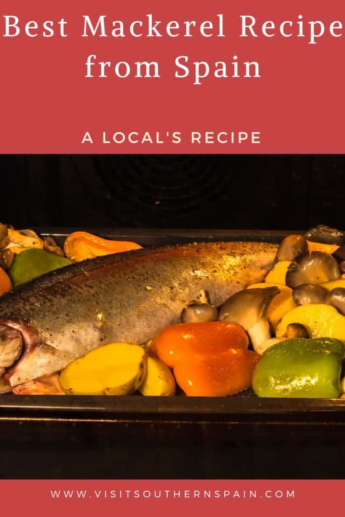a pin with Healthy Mackerel Recipe in a tray in the oven.