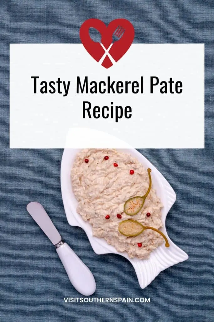 a pin with mackerel pate recipe on a fish-shaped plate.