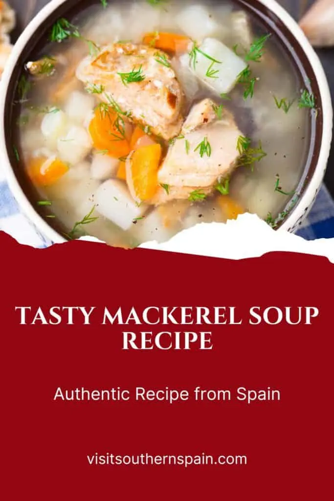 a pin with a closeup of a mackerel soup recipe in a pot.