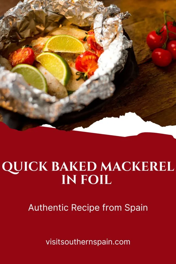 a pin with Baked Mackerel in Foil with tomatoes and lemon on a wooden surface.