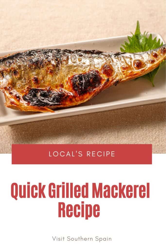 a pin with grilled mackerel recipe in a plate. 
