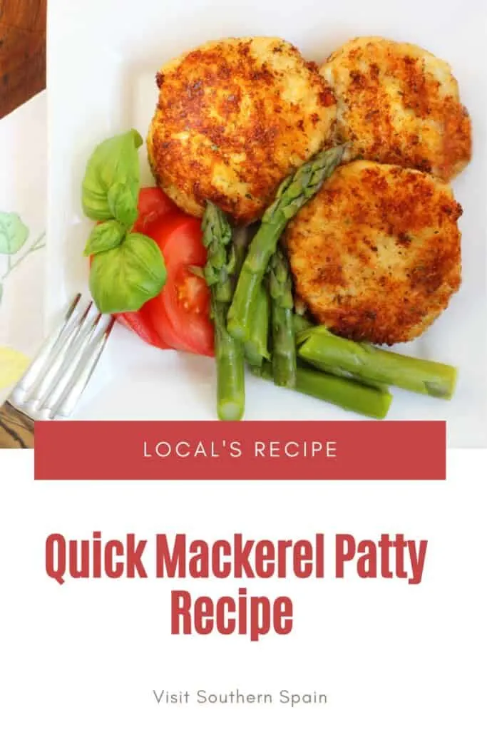 a pin with veggies and Mackerel Patty Recipe on a plate.