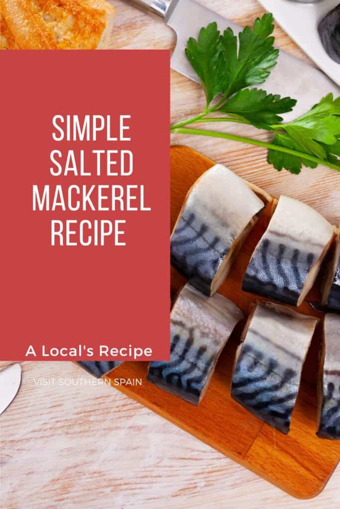 a pin with pieces of fresh mackerel for the Salted Mackerel Recipe 