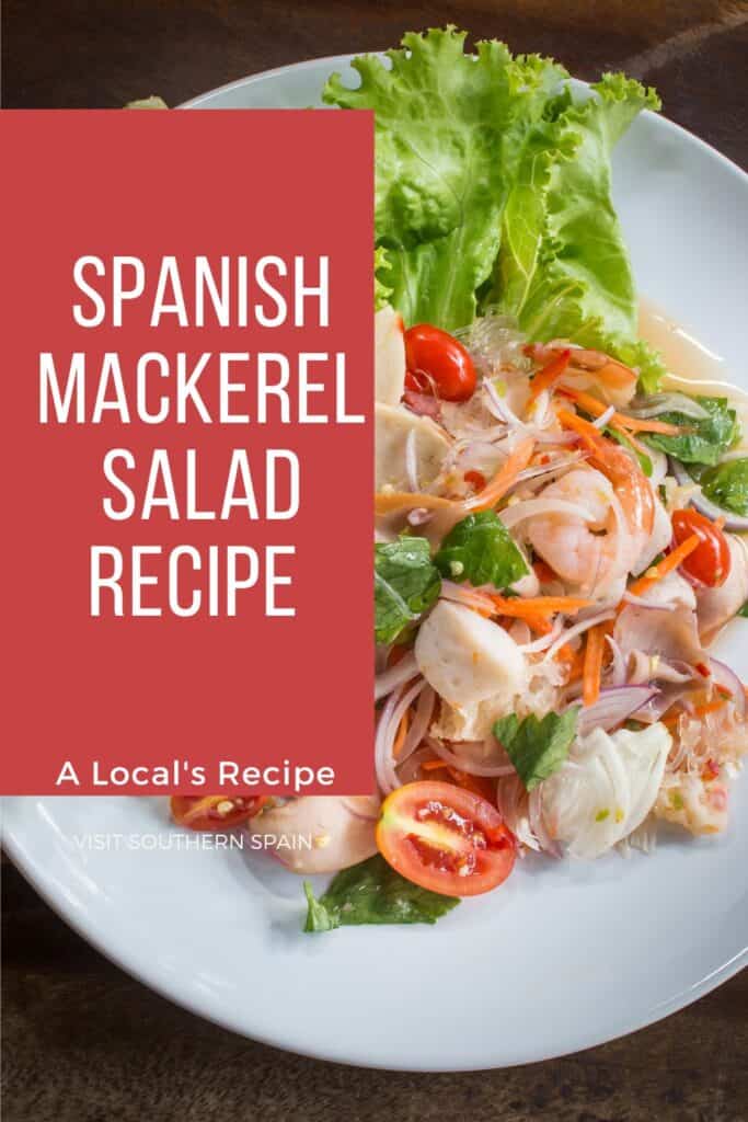 a pin with a bowl of salad made with mackerel salad recipe.