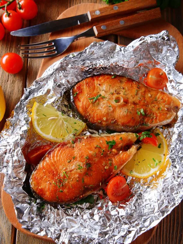 Baked Mackerel in Foil with lemon and tomatoes