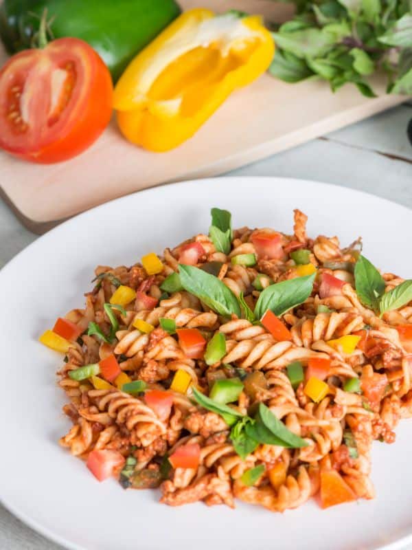 a plate of mackerel pasta recipe with peppers