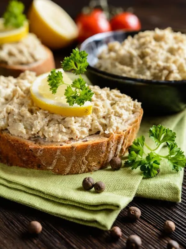 closeup of a pate made with the smoked mackerel recipe on fresh bread.