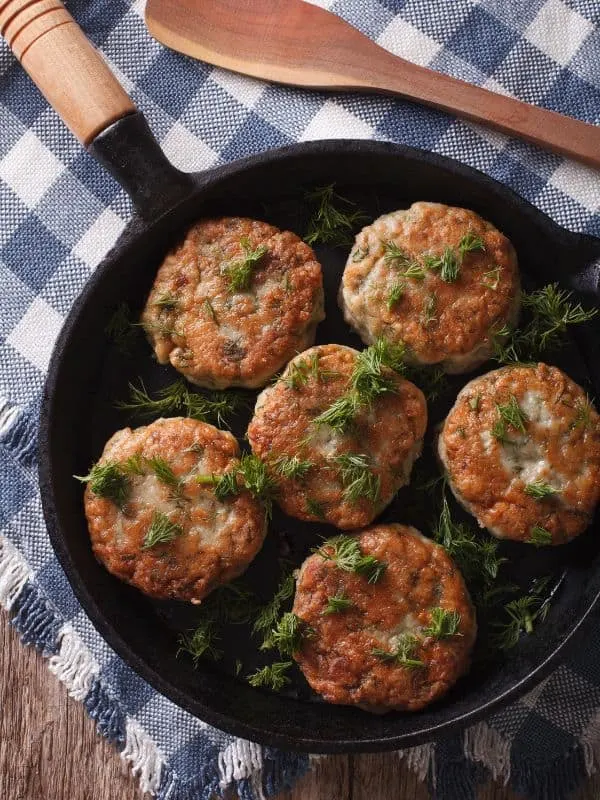 mackerel patty recipe in a pan on a table cloth