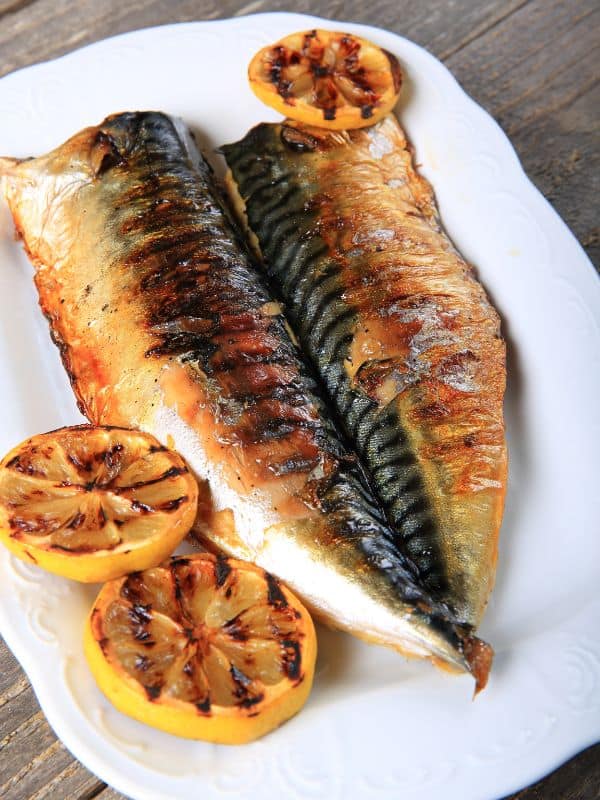 plate with a grilled mackerel  steak, another way to make the mackerel steaks recipe