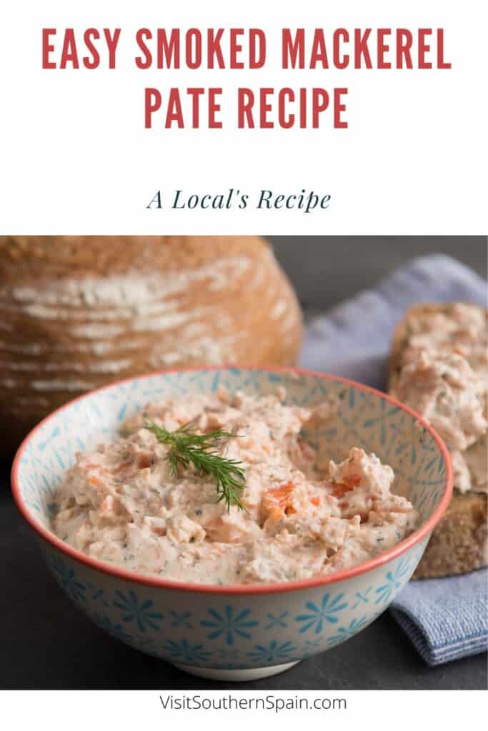 a pin with Smoked Mackerel Pate Recipe in a bowl with bread next to it.