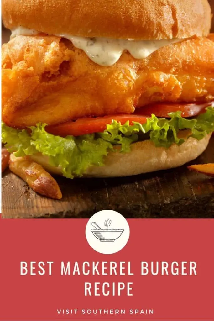 a pin with a fish Burger made with the mackerel burger recipe