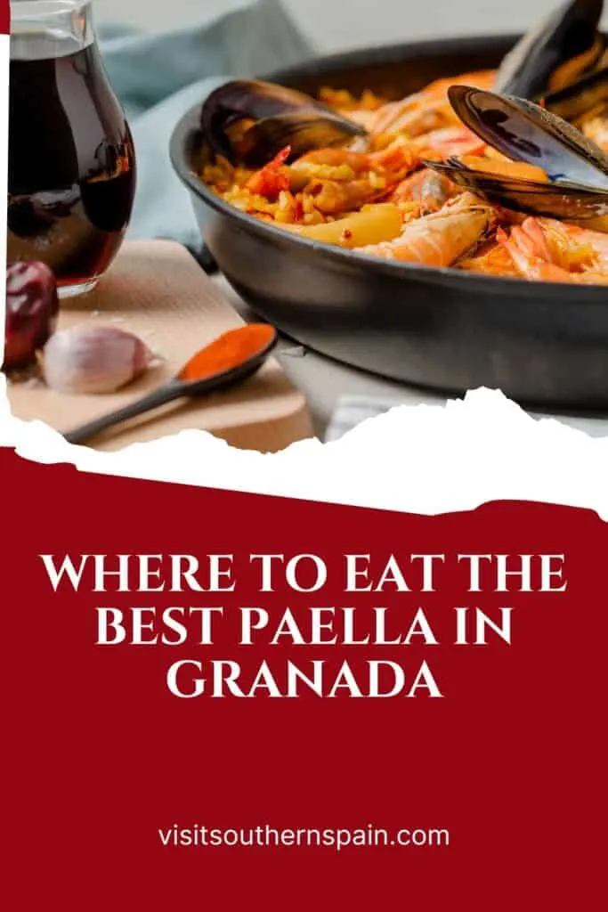 a pin with paella in Granada served with wine.