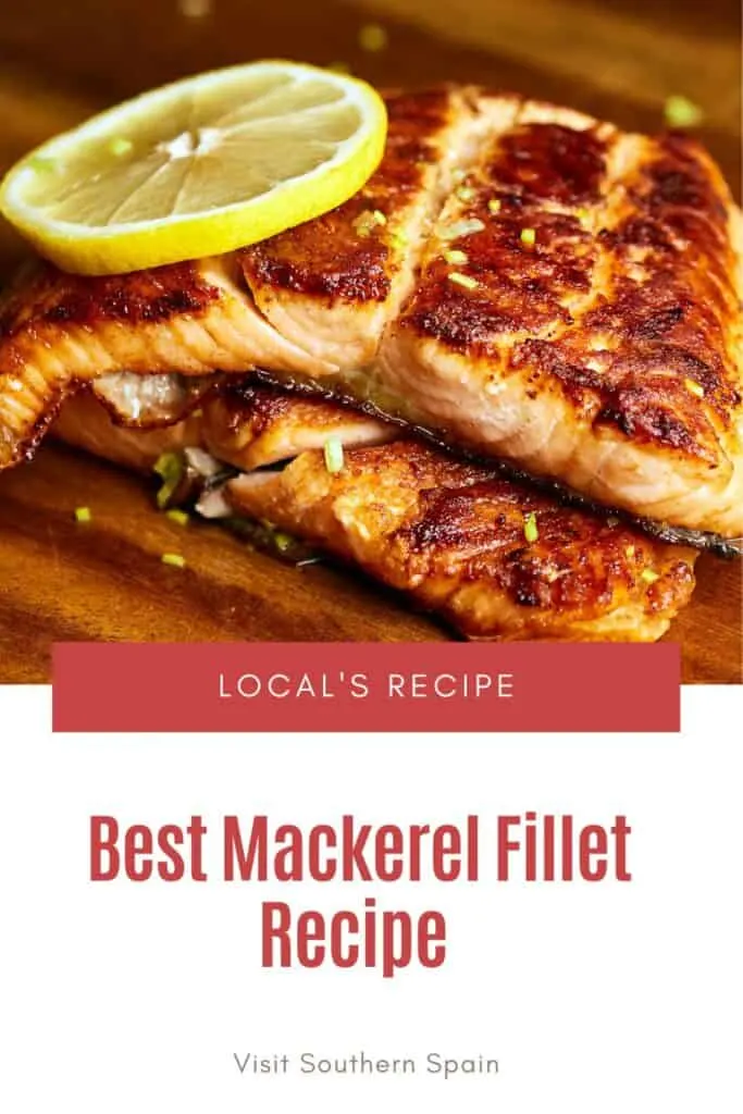 a pin with mackerel fillet recipe on a wooden board.