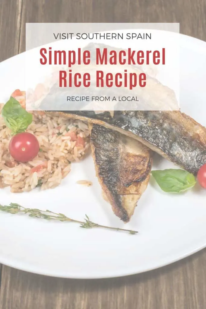 a pin with a mackerel rice recipe on a white plate.