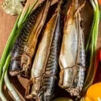 Smoked Mackerel on a wooden board for the smoked mackerel salad recipe