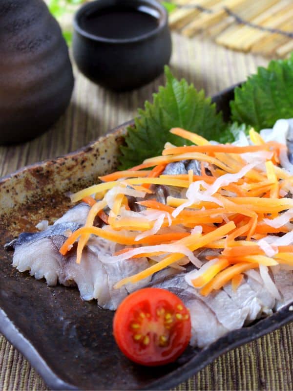 cured mackerel recipe on a plate served with shaved carrot