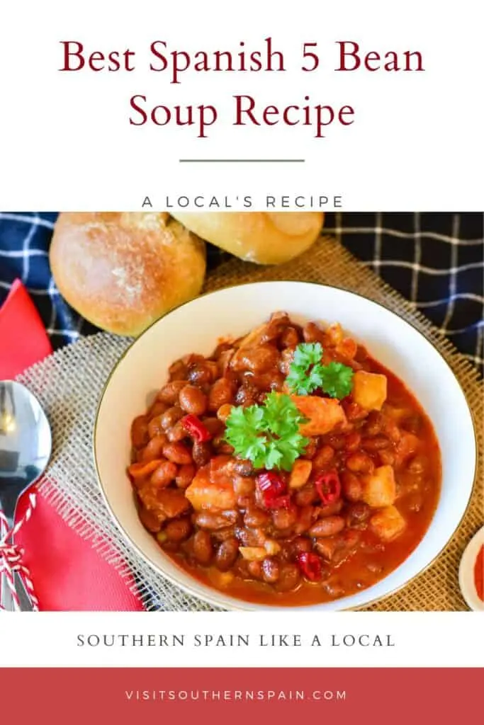 a pin with a bowl of Simple Spanish 5 Bean Soup Recipe