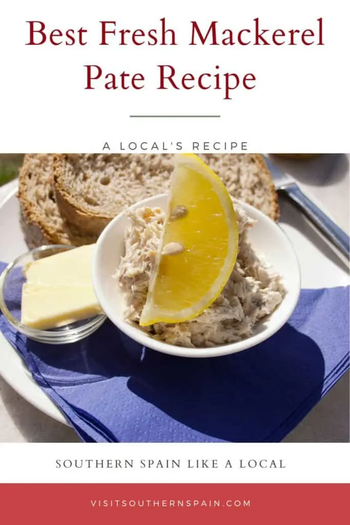 a pin with a bowl of fresh mackerel pate recipe served with lemon.