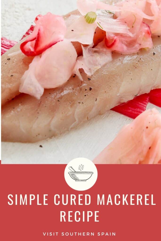a pin with a closeup of a cured mackerel recipe.