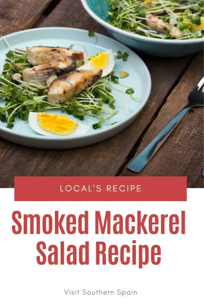 a pin with a plate of Smoked Mackerel Salad Recipe.