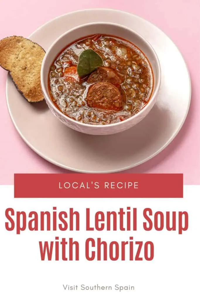 a pin with Spanish Lentil Soup with Chorizo served in a bowl.