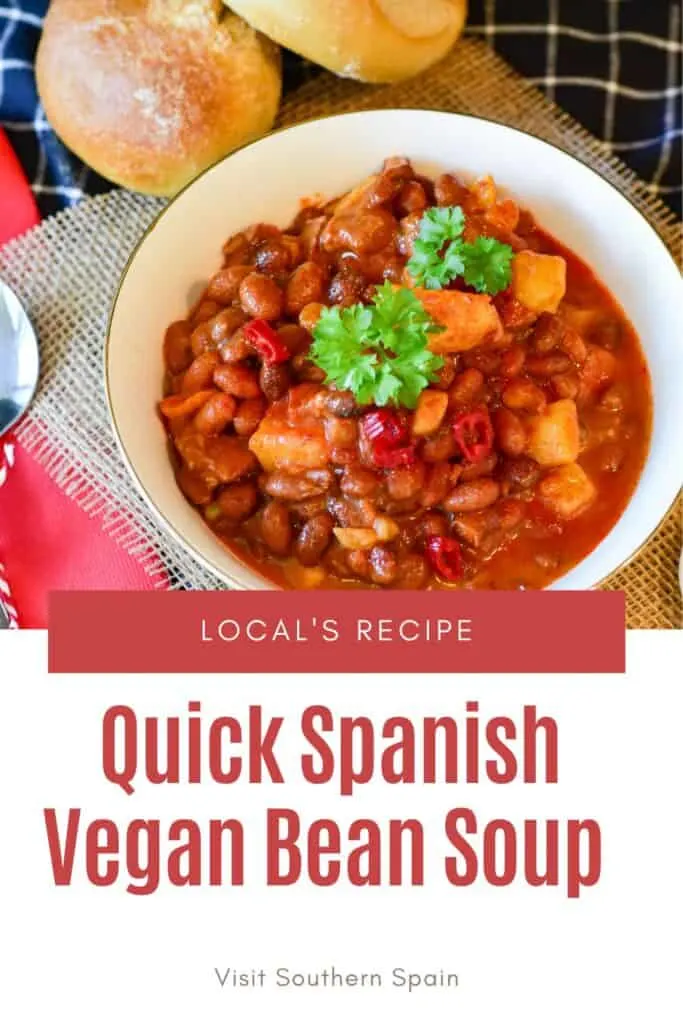 a pin with a Spanish vegan bean soup ready to be eaten.