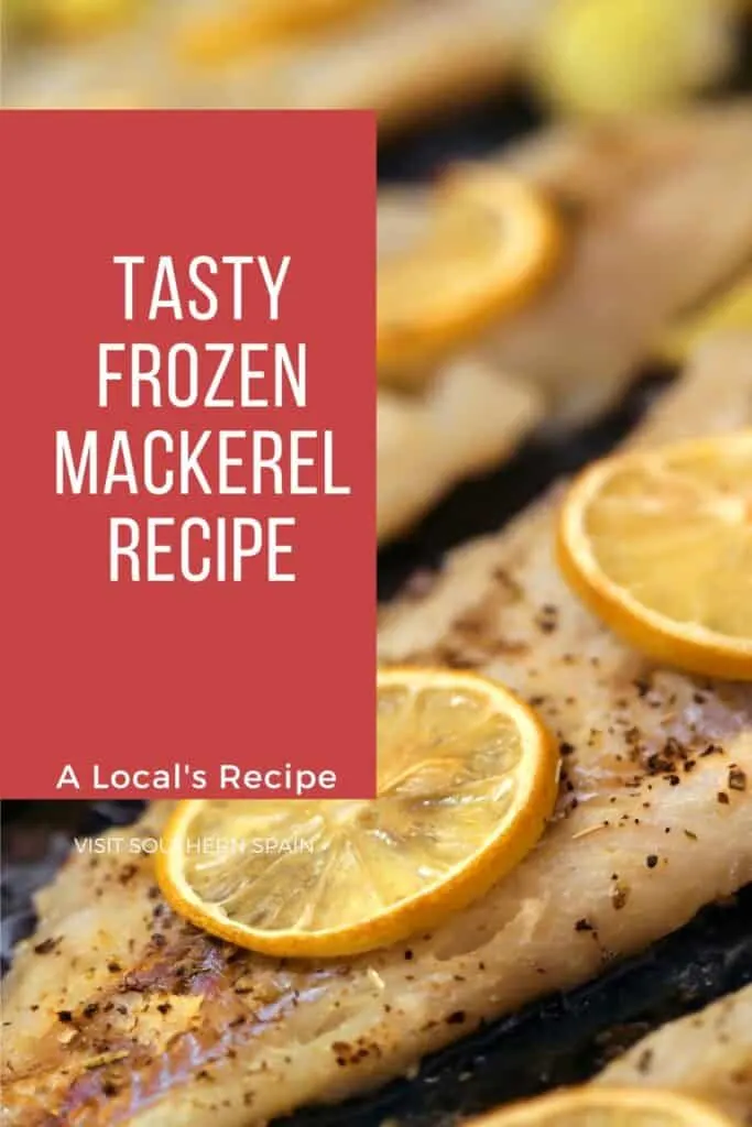 a pin with a closeup of a frozen mackerel recipe with lemon slices.