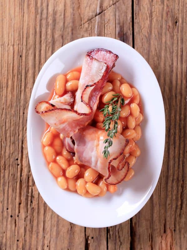 a bowl of beans and bacon for the Spanish bacon bean soup
