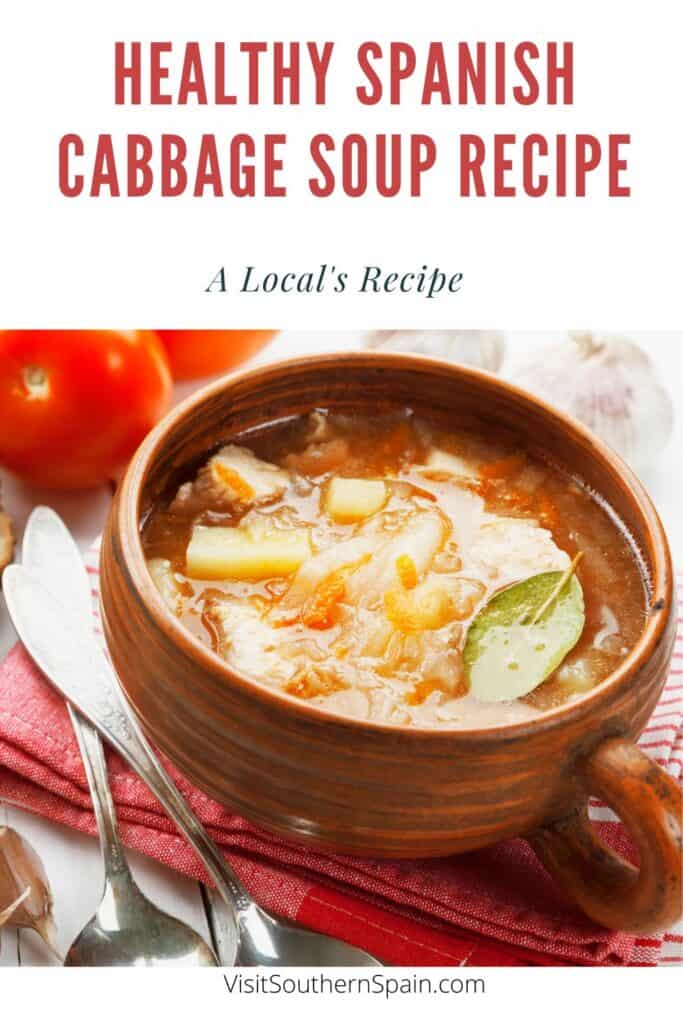 a pin with a clay bowl of Spanish cabbage soup.