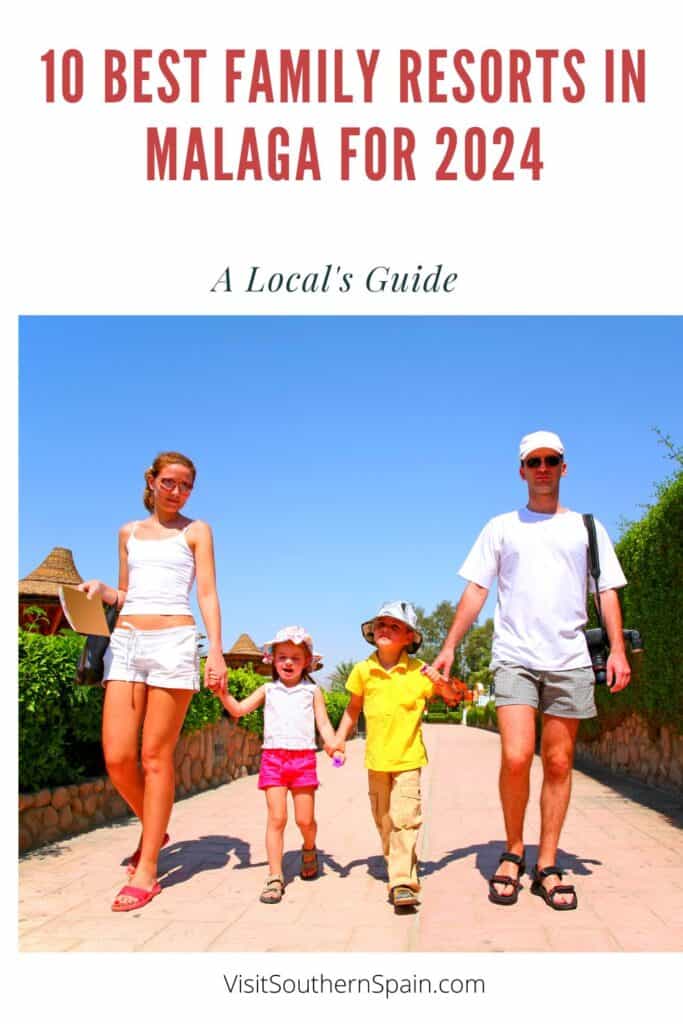 a pin with a family with kids taking a walk at one of the Best Family Resorts in Malaga
