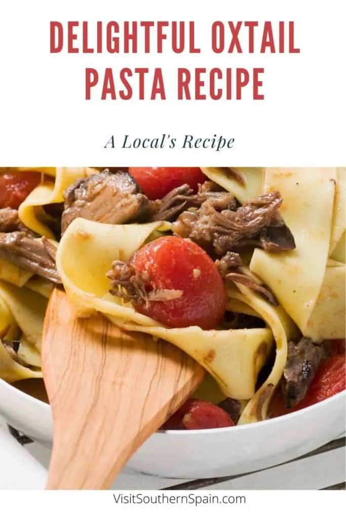 a pin with a closeup of oxtail pasta recipe with tomaotes.