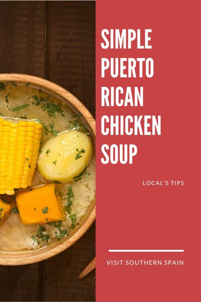 a pin with a Puerto Rican Chicken Soup with corn